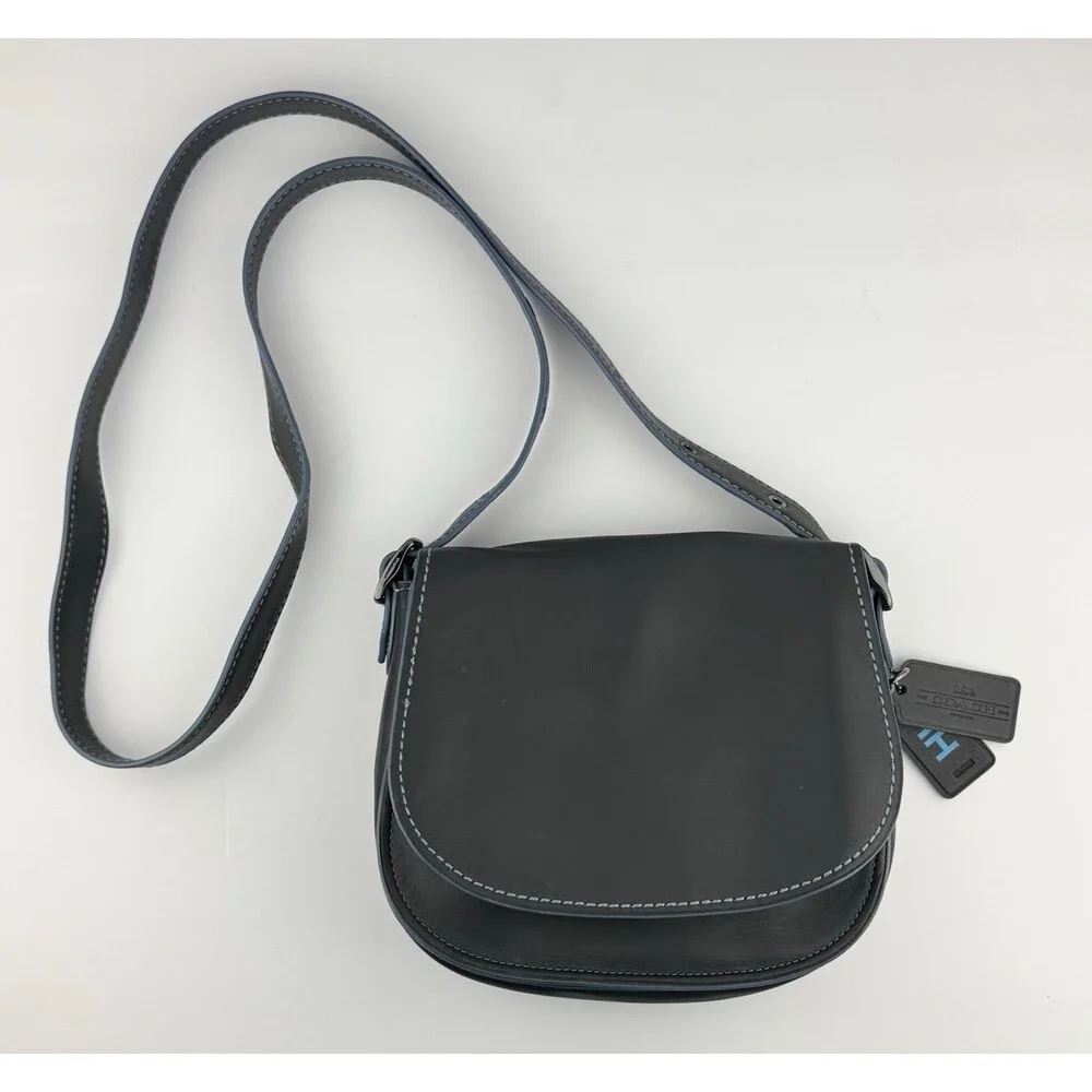 Coach 9170 Saddle Bag 23 Gray Glovetanned Leather Crossbody blue Contrast Stitch